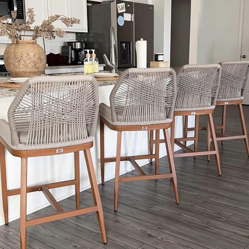 Image of PURPLE LEAF Counter Height Bar Stools Set of 4 Rattan Chair Boho Wicker Metal Counter Stools with Back and Footrest Patio Seating Modern Garden Pool Outdoor Barstools