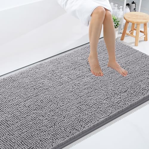 Smiry Luxury Chenille Bathroom Rugs 59x35, Extra Soft and Absorbent Shaggy Bath Mat, Machine Washable, Non-Slip Plush Carpet Runner for Tub, Shower, and Floor, Home Decor Accessories, Grey