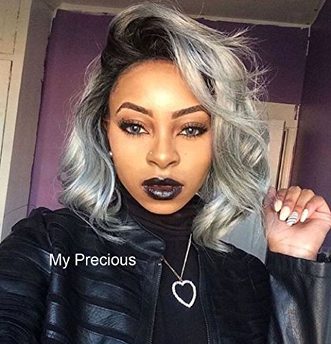 Ombre Gray Wavy Short Bob Wig 2 Tones Synthetic Lace Front Wigs Dark Roots to Silver Gray Replacement Full Wigs for Women