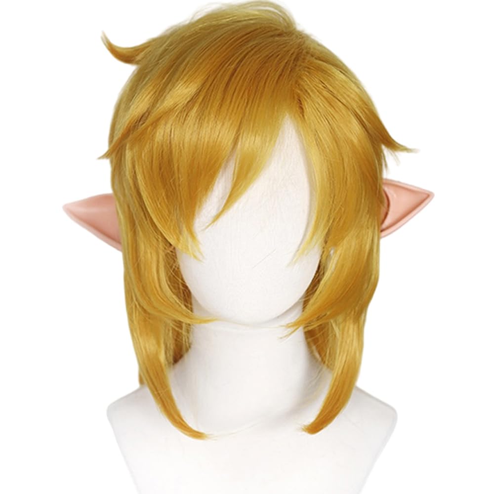 osseoca Earthy blonde medium length wig Side Parted Bangs Curly Hair Half ponytail wig + ears cos anime show simulation wig 43cm 16inch (Link Ponytail + Ears)
