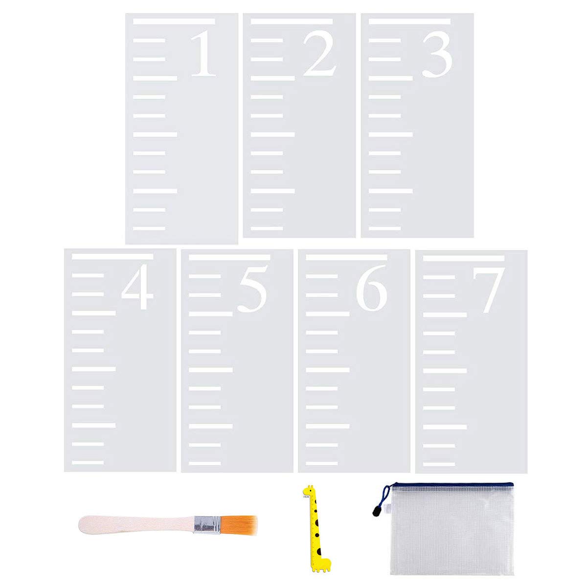 LYMSSESS 7 Feet Growth Chart Stencil, 7 Pcs Kids Height Growth Chart Reusable Ruler Template for Painting on Wood Wall Paper with Art Brush/Storage Bag/Ruler, 12 x 6 inch