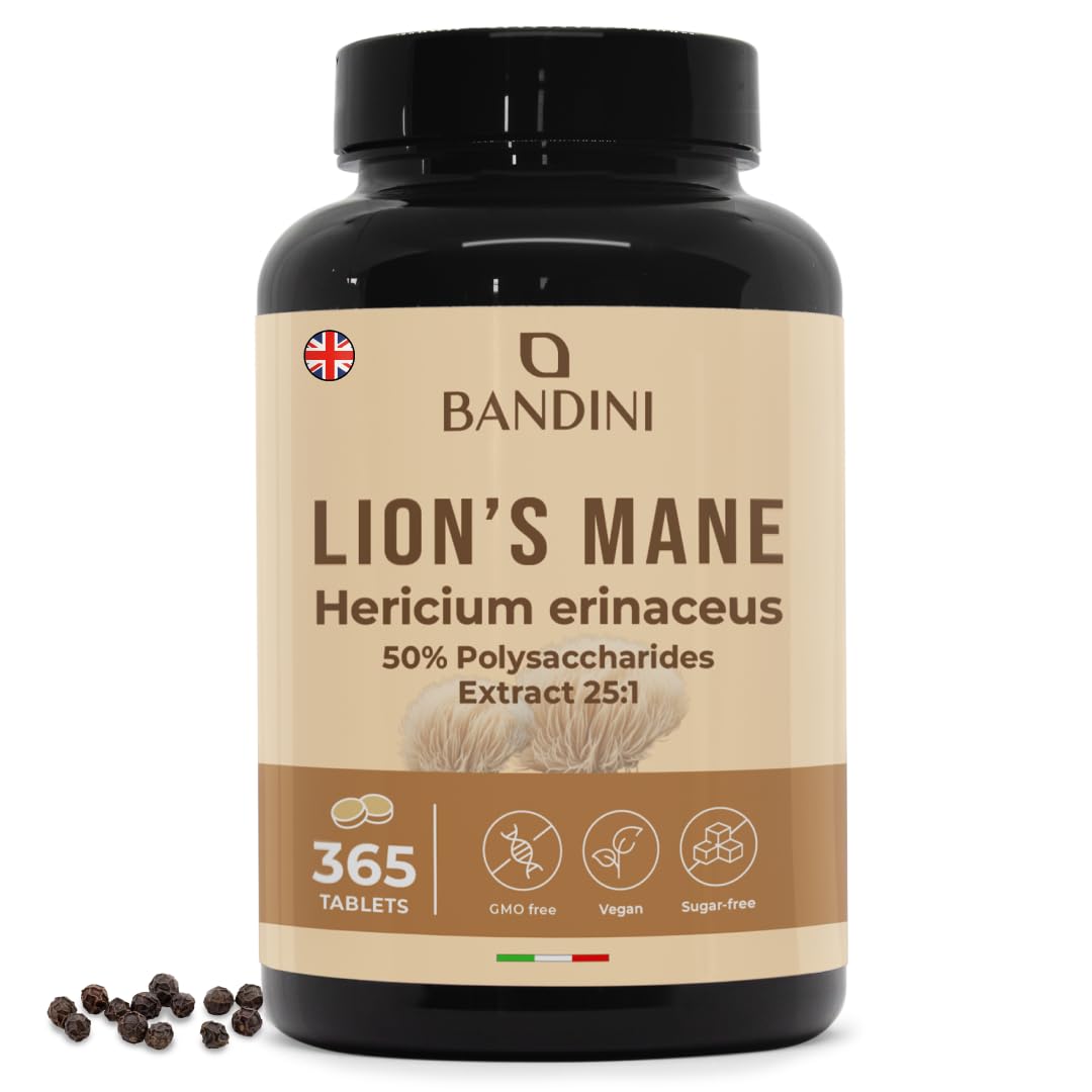 Bandini® Lions Mane Mushroom 2000mg - 365 High Strength Vegan Tablets 1 Year Supply - Hericium Erinaceus 25:1 Extract with Black Pepper - 50% Polyphenols - Lion's Mane Alternative to Powder & Capsules
