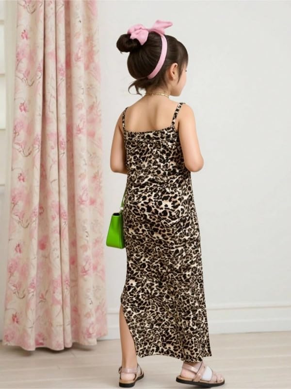 Image of Niren Enterprise Black Leopard Printed Midi Sleeveless Square Neck Stylish Girls Party Dress