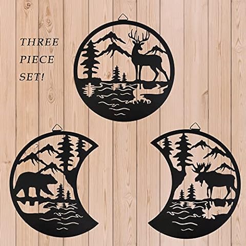 COOZZYHOUR Deer Bear Moose Metal Wall Art Decor,9.3&7.7inch,Set Of 3,Rustic Concise Decoration, Hanging For Living Room Bedroom Bathroom Christmas Indoor Outdoor, Lodge, Cabin Wall Décor, Black Cover