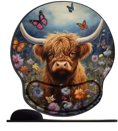 PPTRTYQQ 3D Mouse Pads for Computers Ergonomic Memory Foam Nonslip Wrist Support-Lightweight Rest Mousepad for Office,Gaming,Computer, Laptop & Mac,butterfly valley highland cow, 25*23*2.5cm