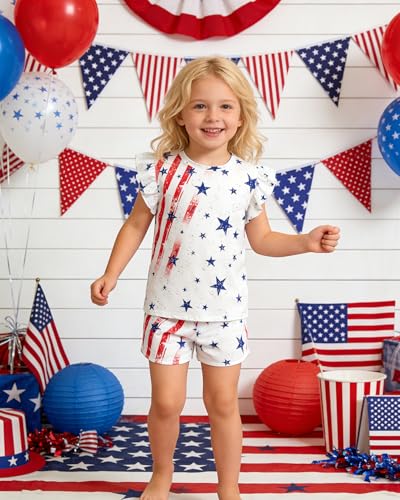 Image of Toddler Girls July 4th Shirts American Flag Ruffle Short Sleeve Patriotic Red White Blue Star Outfits Blouse Tops