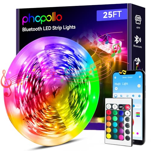 phopollo Led Strip Light 25ft led Light Strips with Remote & App Music Sync Mode with Mic Smart Flexible 24V Led Lights for Bedroom Ceiling Party Stairs USB Powered