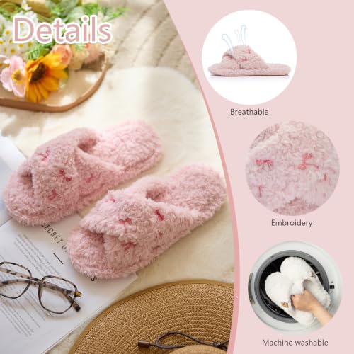 Image of GOEWY Fuzzy Open Toe Slippers for Women Cozy Memory Foam House Shoes Indoor | Cute Cross Band,Soft Faux Fur,Anti-slip Sole Outdoor,Machine-washable,Lightweight,Slip on Gifts for Women,Mom and Bridesmaid