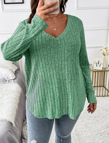 Image of Koscacy Women Plus Size Casual Knit Sweater V Neck Solid Color Tops Lightweight Long Sleeve Blouses