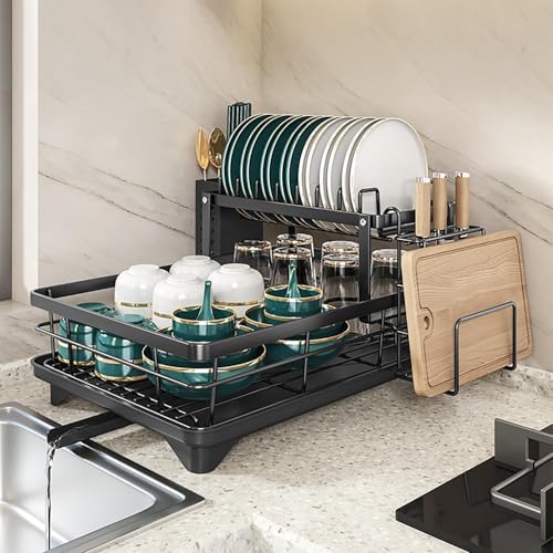 Azonee 2-Tier Dish Drying Rack for Kitchen Counter | Large Capacity Stainless Steel Dish Rack with Drainboard Detachable Cutlery Holder Rotatable Drainage | Black Kitchen Organizer for Plates Bowls