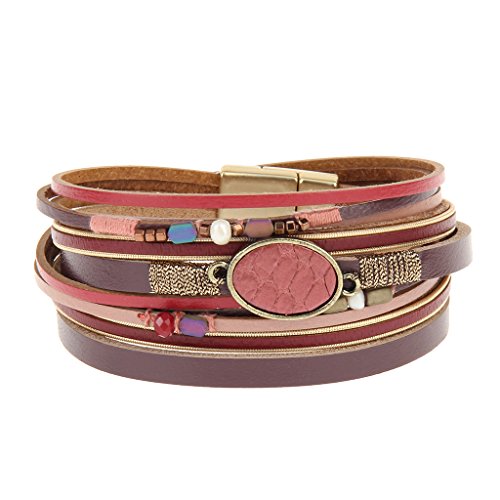MULBA Frauen Echtes Leder Vintage Bunte Perlen Wrap Armreif Perle Anhänger Magnet Schnalle (Red) Cover