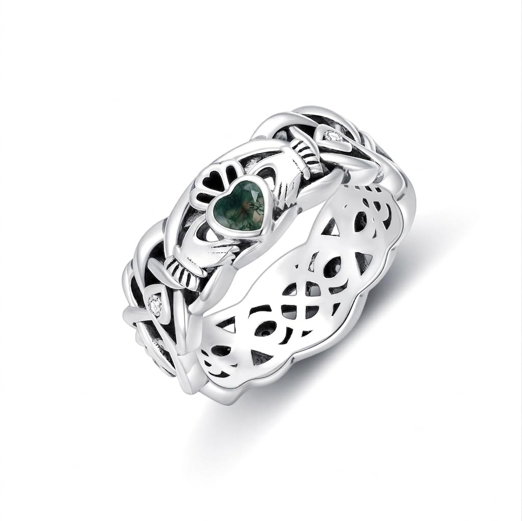Seiyang Claddagh Ring 925 Sterling Silver Irish Claddagh Band Ring with 12 Months Birthstone Irish Lucky Jewelry Gifts for Women Mom Her Size 9 13-Moss Agate