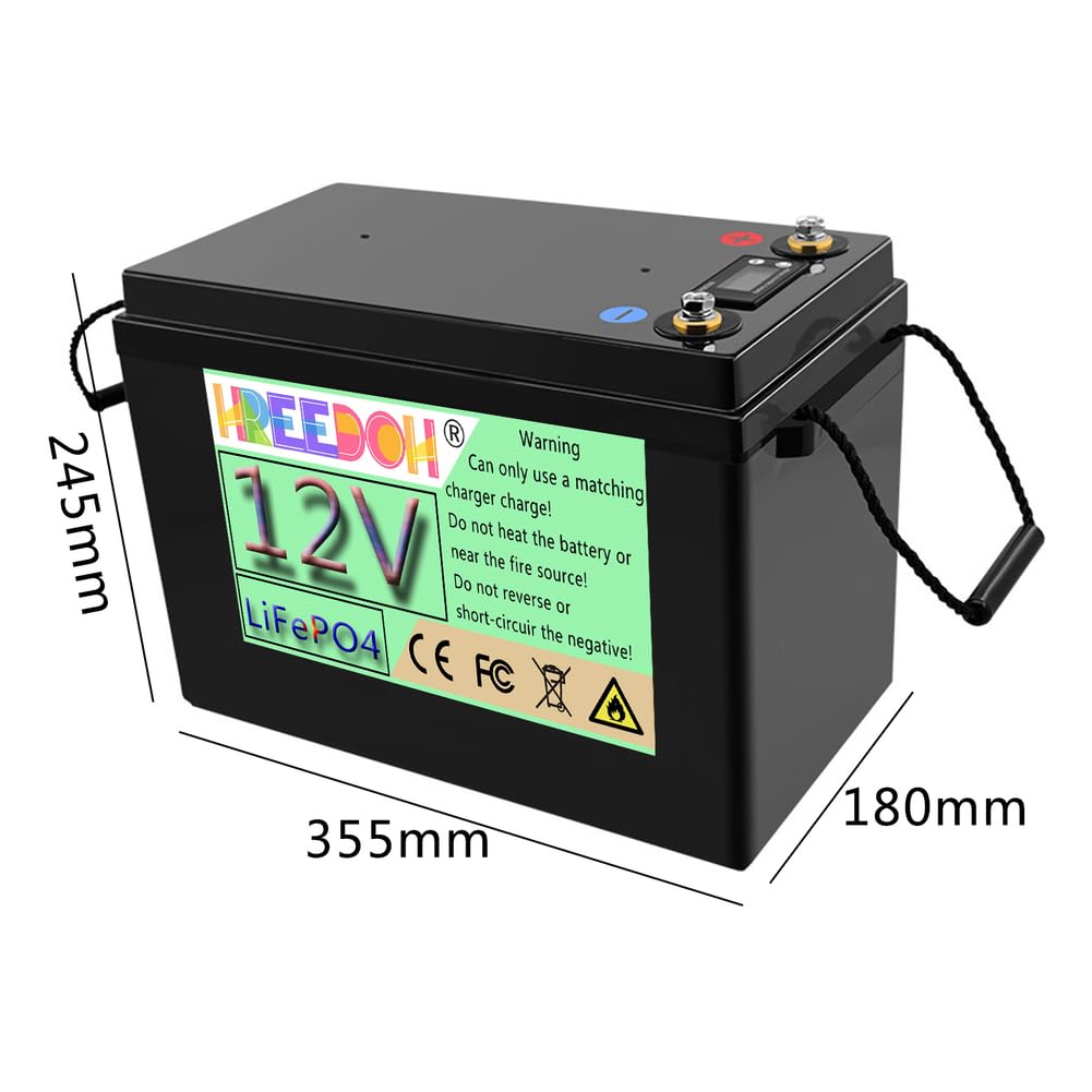 Batteria LiFePO4 12V 240Ah 300Ah Batteria di accumulo di energia | Batteria al litio ferro fosfato, con involucro in ABS, maniglia e display a cristalli liquidi.