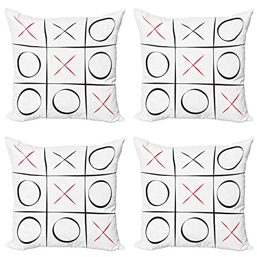 ABAKUHAUS XO Set de 4 Fundas para Cojín, Patrón Juego simplista, Estampado Digital en Ambos Lados y Cremallera, 60 cm x 60 cm, Bermellón Negro Blanco