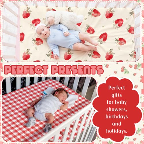 Image of Peryiter 4 Pack Crib Sheets Brown Red Strawberry Soft Baby Bed Sheet Set 52'' x 28 inch Nursery Crib Sheets for Standard Bed Toddler Mattress Nursery Decor Boys Girls Kids