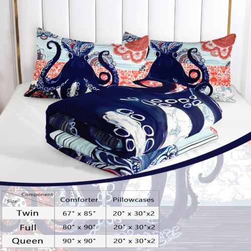Image of AILONEN Bohemian Octopus Queen Comforter Set, Navy Mandala Artwork Home Ensemble, 3 Piece Microfiber Down Alternative Fill for Couples Family Guests