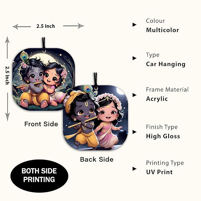 DECOCRU Little Radha Krishna Car Hanging | Acrylic Car Hanging | Baby Radha Krishna Hanging Gift | Printed Car Accessory | Car Dashboard Hanging Gift | Rectangular Circle Shape (2.5 Inch x 2.5 Inch) 2