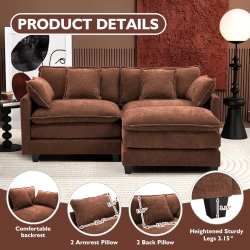 Image of Ihanherry 77 inch L Shaped Modern Sofa Modular Sectional Luxurious and Comfortable with Ottoman, 3-Seat Chenille Deep Seat Sofa with Pillow for Living Room, Bedroom and Apartment,Brick Red