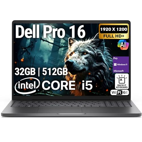 Image of Dell Pro 16 PC16250 (Replaces Latitude 3550) 16 inch WUXGA Display Business Laptop, Intel i5-120U, 32GB DDR5 RAM, 512GB SSD PCIe, WiFi 6E + BT, RJ-45, Backlit Keyboard, HD Webcam, Windows 11 Pro - Black