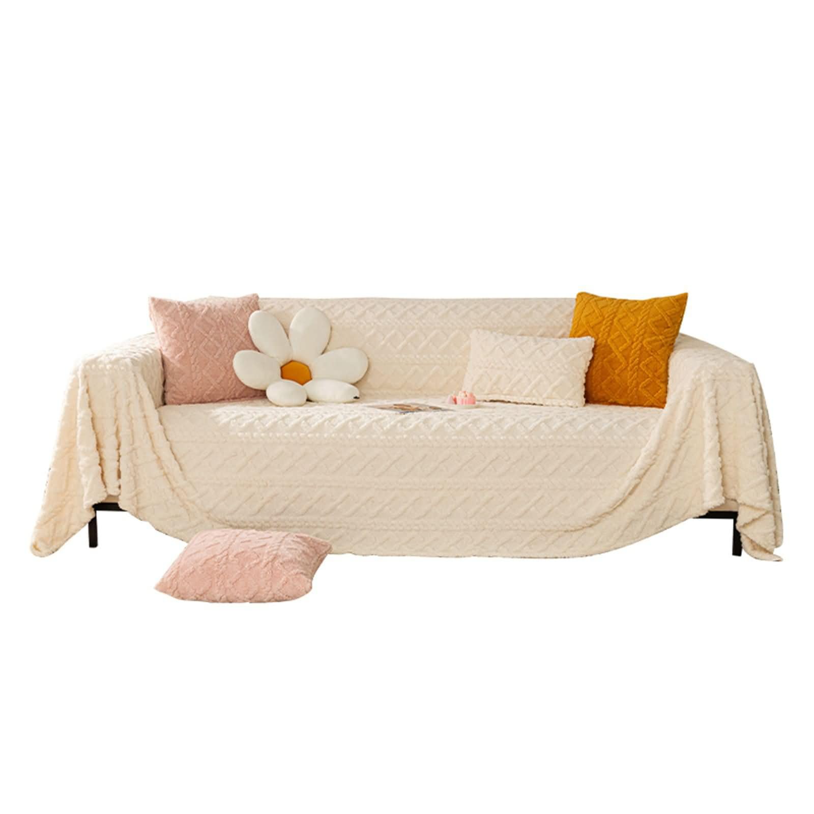 Housse de Canapé Trois Places,180x300CM,Housse Canape d Angle Couleur Unie avec Motif Géométrique Housse de Fauteuil Flanelle Salon Couverture Canapé d'angle Blanc Housse Canapé d'angle