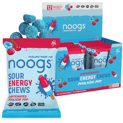 Image of Noogs Sour Energy Chews, Poolside Pop Caffeinated Electrolyte Energy Gummies, 50mg Green Tea Caffeine, Popsicle Flavored Alternative to Running Gels, Vegan & Gluten Free, 12 Pack