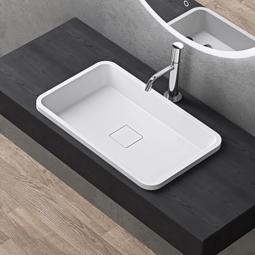 doporro Lavabo encastrado para baños 53x33x10,5cm blanco mate de mármol fundido rectangular con tapa desagüe
