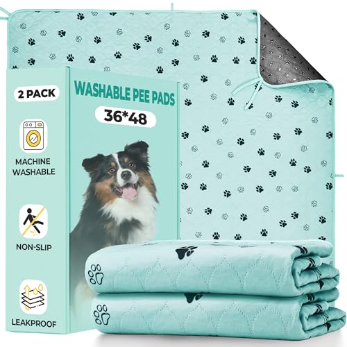 Image of Fostanfly Washable Pee Pads for Dogs, 2 Pack Large 36 inchx48 inch Ultra-Absorbent and Leak-Proof Non-Slip Reusable Potty Training Pads for Dogs, Cats, Puppy, Potty of Add 8 Lanyards, Green