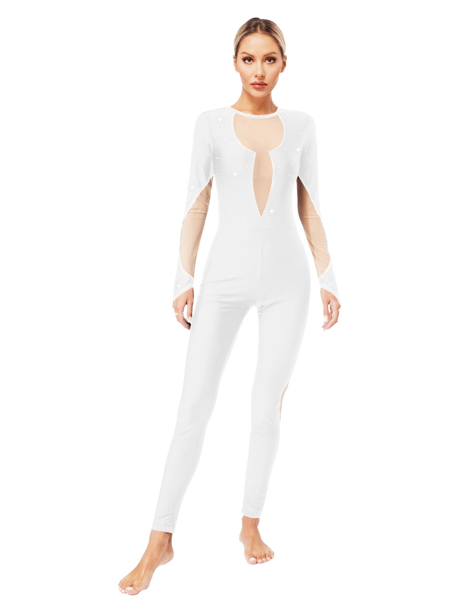 Body Danza Donna YEAHDOR | Con Strass E Rete | Manica Lunga | Per Ginnastica, Pattinaggio, Jazz - Foto 7