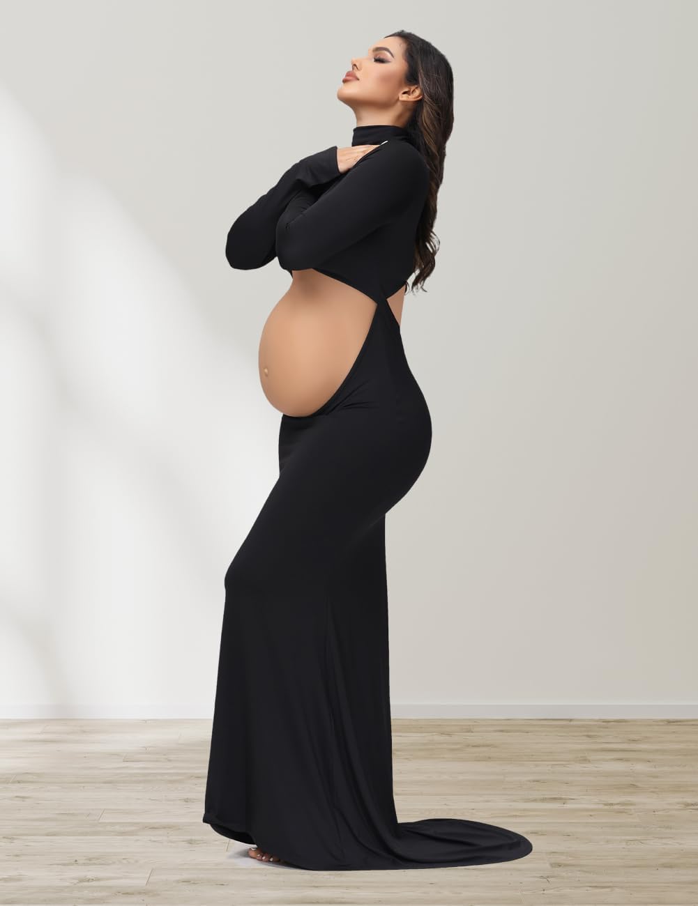 JustVH Women's Maternity Crossover Mock Neck Photoshoot Dress Split Mermaid Maxi Photography Gown for Baby Shower - Image 6