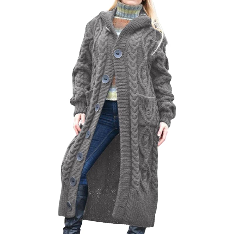 Womens Chunky Cable Knit Hooded Maxi Cardigan Long Open Front Hooded Sweater Coat for Fall and Winter
