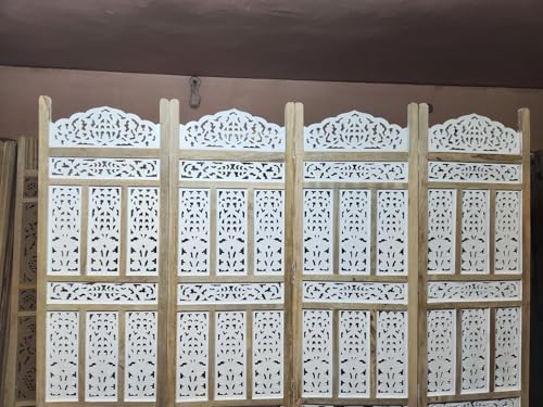 Image of Home & Goods International Wooden Room Divider Partition - Foldable Wood Screen Separator for Living Room, Bedroom, Office, Restaurant - Kangra Badrun, Natural & White (4 Panel with Stand)