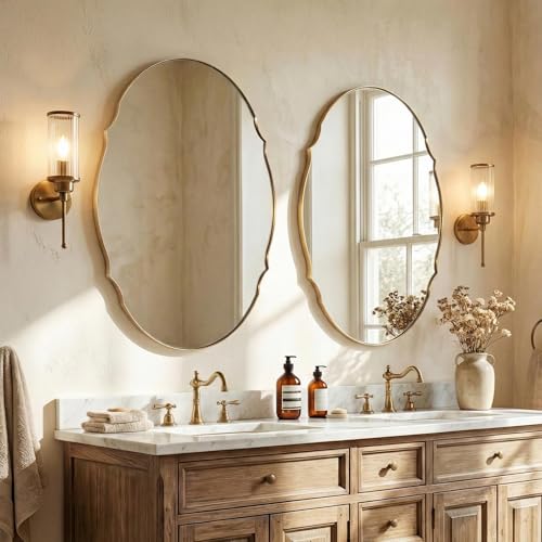 Image of ANDY STAR 30x40 Large Brushed Gold Scalloped Oval Bathroom Vanity Mirror
