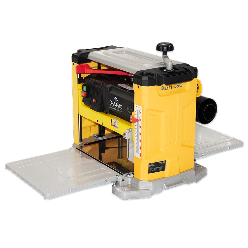 BAMATO Dickenhobelmaschine BH-330 | mit 3 Hobelmessern | 330mm Hobelbreite | neue Messerwelle | 1800 W Motor | 152mm Durchlasshöhe | Klappbare Auf-/Abnahmetische | Dickenhobel Maschine Werkstatt