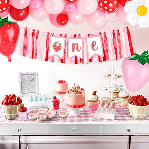 Image of Kriyokiaa Berry First Birthday High Chair Banner One High Chair Banner Girl Photo Backdrop First Birthday Decorations for Girl Wall Hanging Decorations for Kids Bedroom, Red /Pink