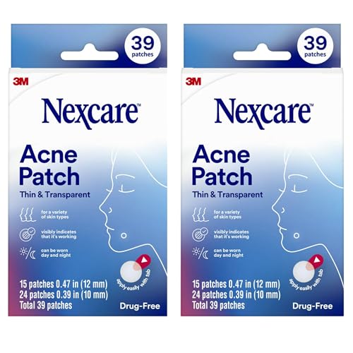 Image of Nexcare Thin and Transparent Acne Patch, Skin Cover Absorbs Pus and Oil from Clogged Pores, Made with hydrocolloid, tab Allows for Easy Removal from Liner - 39 Pimple Patches, 2-Pack