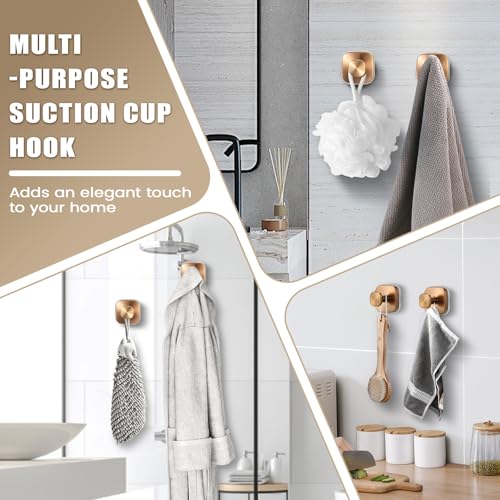 Image of No-Drill Reusable Suction Cup Hooks, Towel, Robe, Loofah, Coat Hook for Glass, Mirror, Tile, Shower, Bathroom, Kitchen & Metal (Smooth, Non-Porous Surfaces) (2, Champagne Bronze)