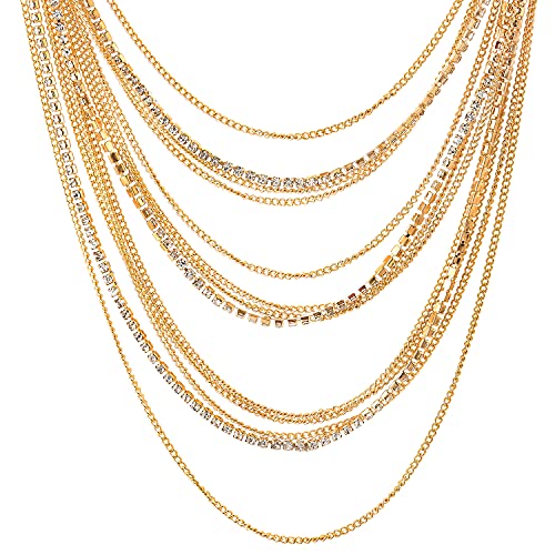 Waterfall Multi-Strand Chains Statement Collar Necklace with Rhinestones Chains, Dress2