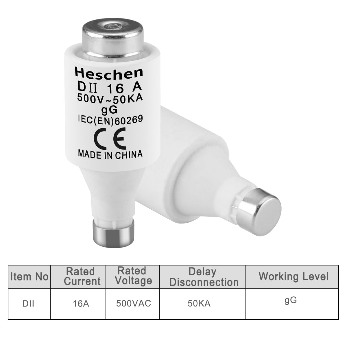Heschen Collegamenti di fusibile neozed in ceramica, Link fusibile tipo DII, 16A 500VAC, tipo gG, per la protezione di cavi e linee, confezione da 5