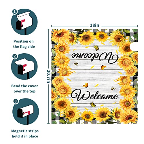 Summer Sunflower Welcome Mailbox Cover Butterfly Flower Buffalo Check Plaid Magnetic Mail Cover Letter Wraps Post Box Decorations For Garden Yard Home Patio Decor Standard Size 21X18 Inch #TOP5