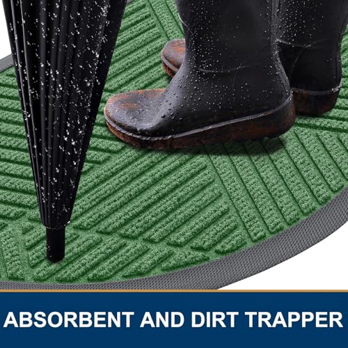 Image of Smiry Half Circle Front Door Mat Outside Entrance, Heavy Duty Sturdy Natural Rubber Doormat, Trap Dirt and Moisture, Low Profile Mats for Indoor Outdoor Entry, Irregular Triangle (29.5x17, Green)