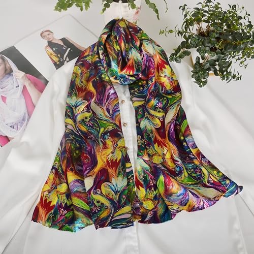 100% Mulberry Silk Scarf for Women Neck Oblong Headscarves Long Floral Print Lightweight Silk Wraps Shawls 67"*20"2