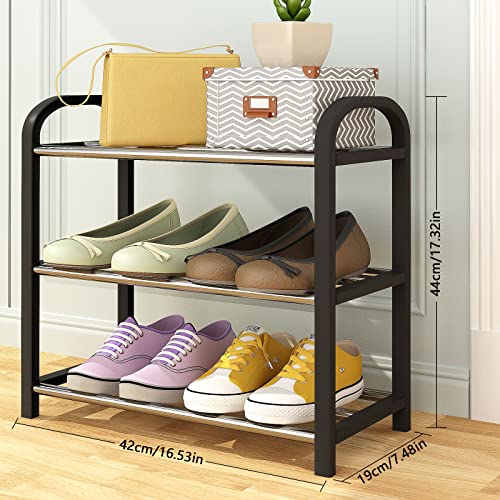 Small Shoe Rack，3-Tier Shoes Shelf Storage Multifunctional Lightweight Organizer Sturdy Metal Stackable Stand Footwear For Closet Living Room Bedroom Bathroom(3 Tier Black Shoe Rack) #TOP3