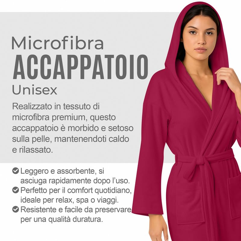 NARCISO - Accappatoio Uomo Donna Microfibra Economico con Tasche Cappuccio e Cintura, Ideale per Casa, Viaggio, Palestra, Tessuto Morbido e Comodo, Taglie dalla S alla XXL
