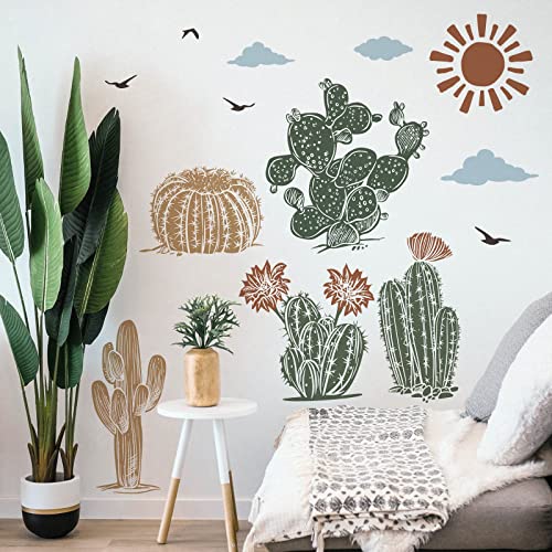 Mfault Boho Cactus Botanical Wall Decals Stickers, Bohemian Cacti Green Plant Sun Nursery Decorations Kids Bedroom Art, Neutral Toddlers Room Classroom Playroom Decor #TOP1