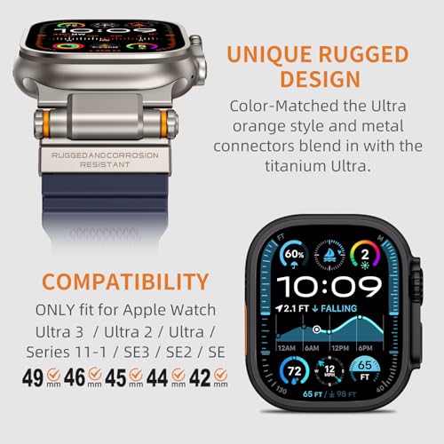 Image of FOAMUNOC Rugged Band Compatible with Apple Watch Ultra 3 /2 /1 Band 49mm /46mm /45mm /44mm /42mm, Metal Connector with Strap for iWatch Ultra Series 11 /10 /9 /8 /7 /6 /SE3 /SE2 /SE /5 /4 /3 /2 /1, Navy Blue /Titanium