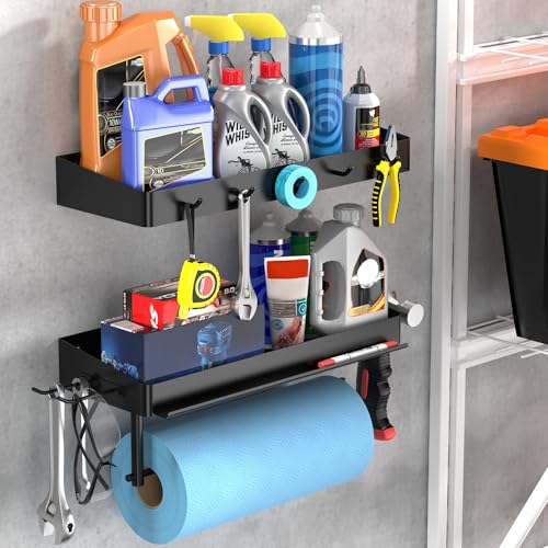 Image of ZUNTO Pack of 2 Black Paper Towel Holder and Organizer Shelf for Garage, Wall Mounted Paper Roll Holder with Shelf and Hooks, Drilling Garage Organization and Storage