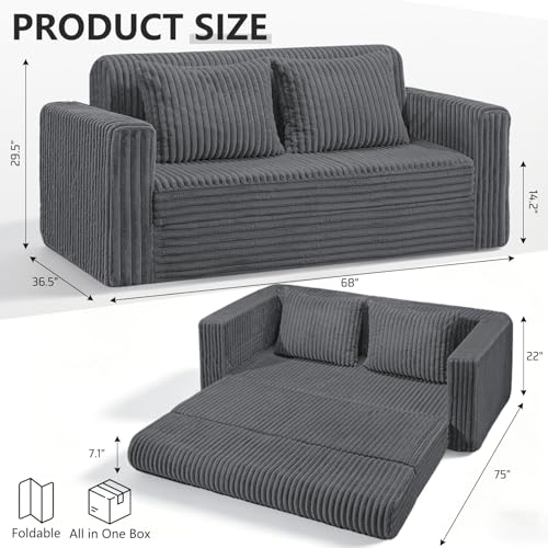 Image of HABUTWAY 68 inch Loveseat Boneless Couch, 4-in-1 Convertible Sofa Bed, Plush Fur Folding Futon Sofa Bed Couches with 2 Pillows for Living Room, High-Density Foam Support, No Assembly Required, Grey