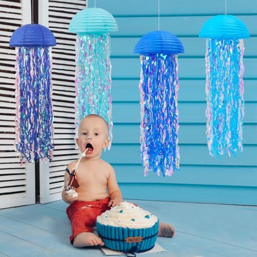 Image of Jellyfish Paper Lanterns Under The Sea Party Decorations Hanging Blue Jellyfish Lanterns for Baby Shark Mermaid Birthday Party Decorations Baby Shower Classroom Decor Pack of 4 Blue