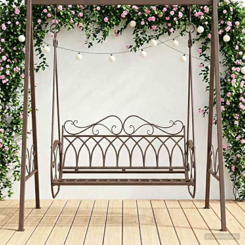 QUAHEAS Banco balancín de acero marrón envejecido, 112 x 60 x 126,5 cm, columpio de jardín con estructura y techo, resistente a la intemperie, para terraza, porche, exterior, relax, comodidad de
