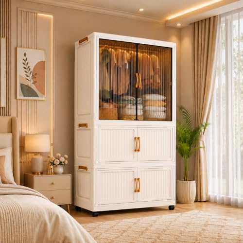 Image of Owme Modular Plastic Wardrobe for Bedroom | 1 Tier+2 Bins Foldable Cupboard with Hanging Rod | Stackable Storage Almirah for Clothes with Wheels | Multi-Layer Plastic Storage Cabinet - White